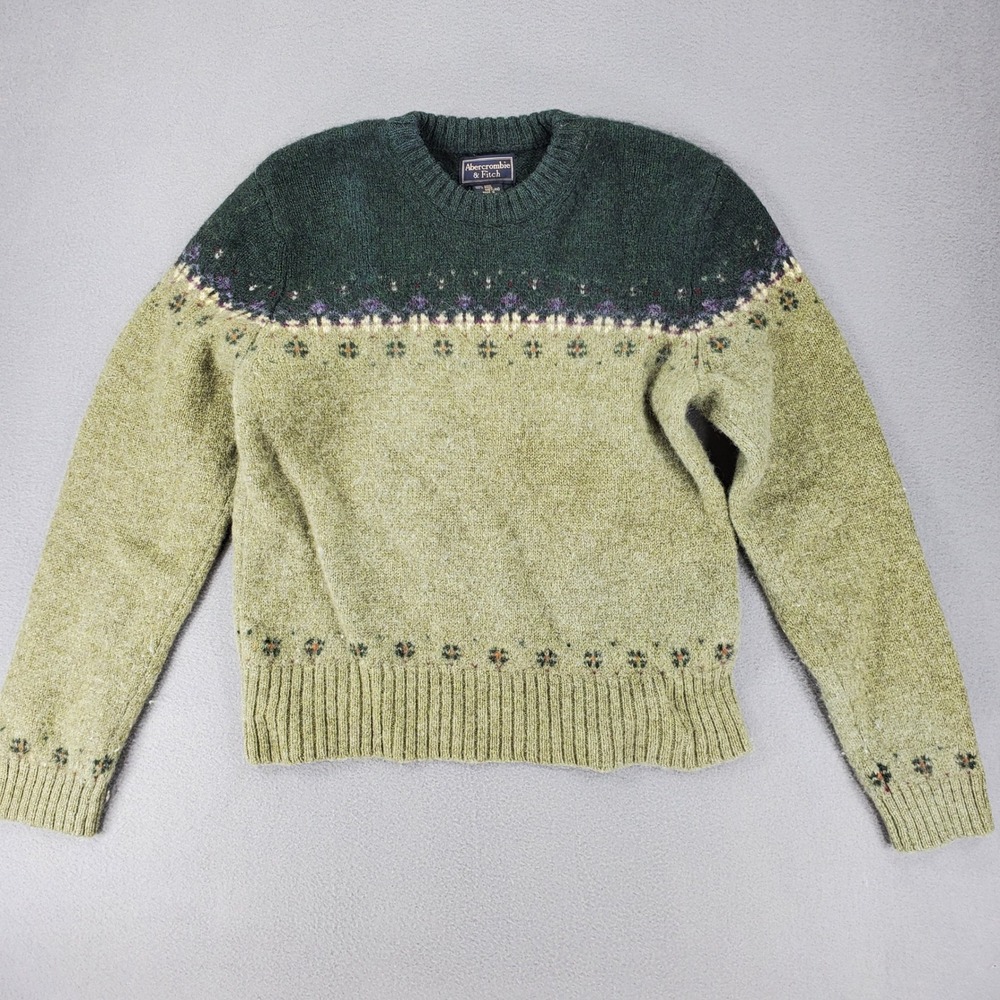 Abercrombie & Fitch Sweater Women M Green Shetland Wool Fair Isle Crewneck Vtg